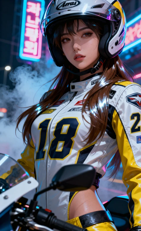 赛博朋克夜城机车少女 黄白18赛车服Arai头盔 赛博朋克机车风 – 高清 桌面壁纸 开放版权素材 免费下载 手机电