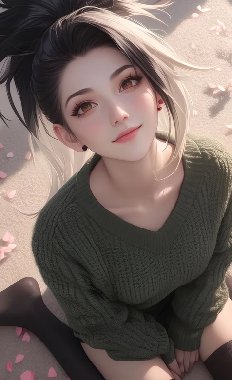 双色发少女绿毛衣黑丝袜 花瓣场景唯美壁纸 – 高清 桌面壁纸 开放版权素材 免费下载 手机电脑通用背景图-iPhone17-1