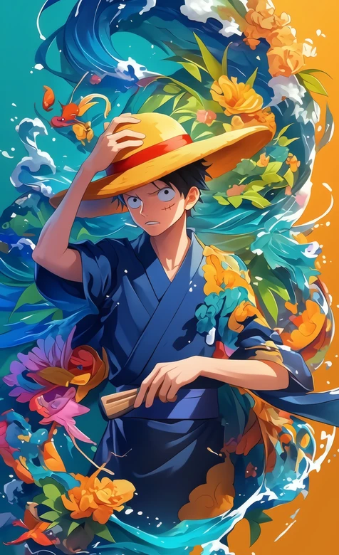 海贼王路飞和风浴衣海浪花卉壁纸 热血动漫壁纸 – 高清 桌面壁纸 开放版权素材 免费下载 手机电脑通用背景图-iPhone17-1