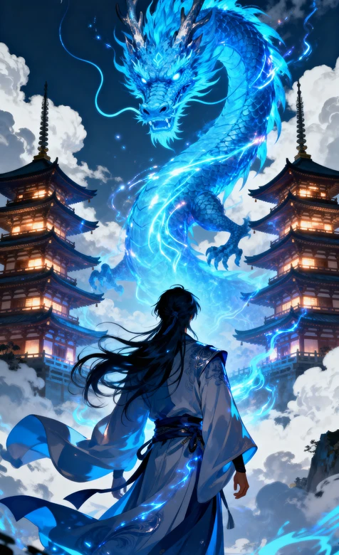 国风玄幻·蓝焰巨龙对峙古风少侠 双古塔楼云海缭绕 高清无水印 – 高清 桌面壁纸 开放版权素材 免费下载 手机电脑通
