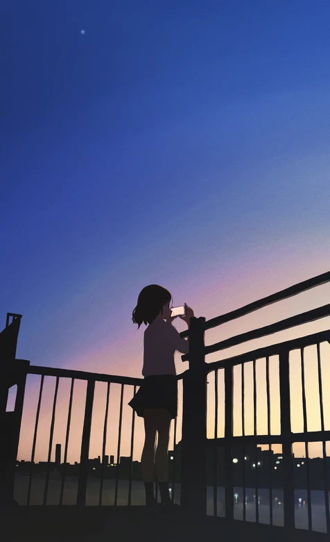 JK少女黄昏桥头栏杆拍日落·日系动漫风氛围感拉满 – 高清 桌面壁纸 开放版权素材 免费下载 手机电脑通用背景图-iPhone17-1