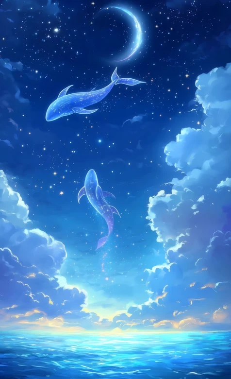 梦幻鲸鱼·星空云海唯美二次元插画手机壁纸 高清无水印 – 高清 桌面壁纸 开放版权素材 免费下载 手机电脑通用背景图