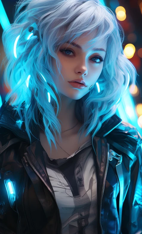 赛博朋克少女·蓝发霓虹 黑色皮衣 高清氛围感拉满 – 高清 桌面壁纸 开放版权素材 免费下载 手机电脑通用背景图