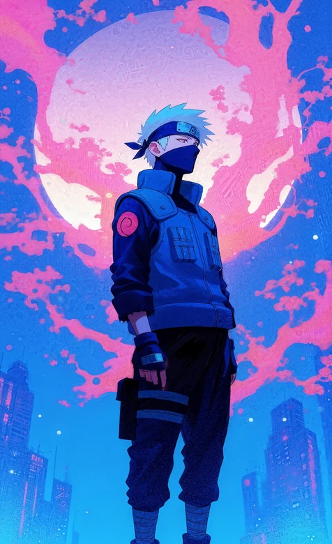 旗木卡卡西·忍者装束 火影忍者赛博朋克都市月夜氛围感拉满 – 高清 桌面壁纸 开放版权素材 免费下载 手机电脑通用背