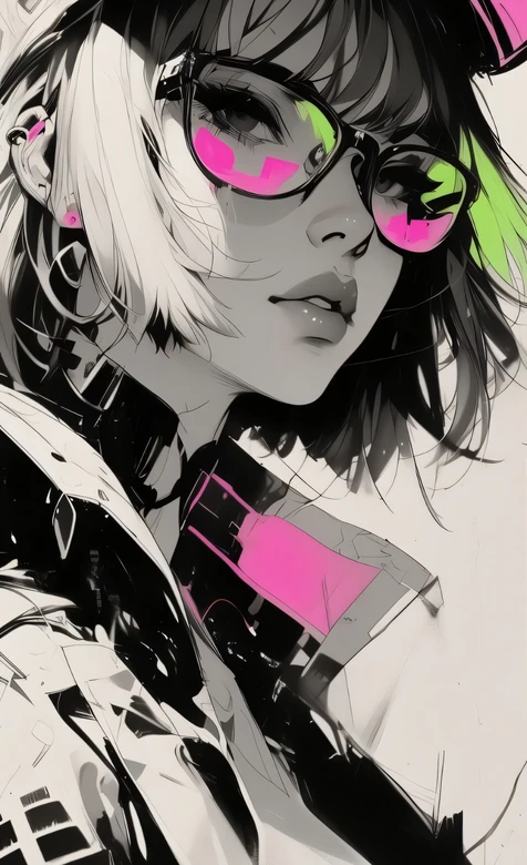 赛博朋克少女·粉绿镜片眼镜·黑白二次元风格 高清插画 – 高清 桌面壁纸 开放版权素材 免费下载 手机电脑通用背景图