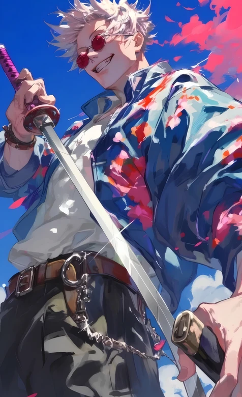 五条悟·花衬衫持武士刀 咒术回战二次元热血手机壁纸 – 高清 桌面壁纸 开放版权素材 免费下载 手机电脑通用背景图-iPhone17-1