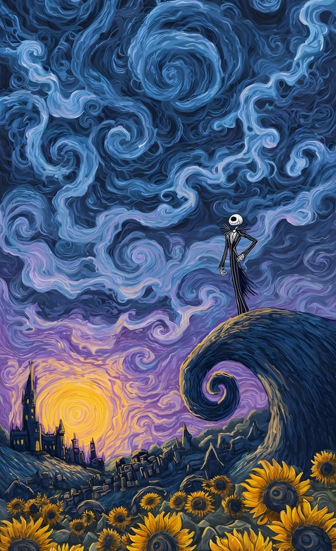 杰克·骷髅头立于螺旋山丘 梵高星空风圣诞夜惊魂超高清插画 – 高清 桌面壁纸 开放版权素材 免费下载 手机电脑通用背