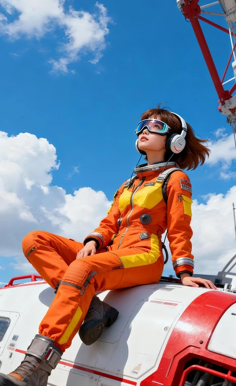 橙色飞行服女性仰望蓝天戴护目镜耳机写实科技风高清全屏 – 高清 桌面壁纸 开放版权素材 免费下载 手机电脑通用背景图