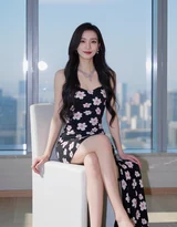 高颜女生·黑色碎花裙长发·都市窗边时尚唯美写真 女生写真参考套图