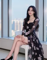 高颜女生·黑色碎花裙长发·都市窗边时尚唯美写真 女生写真参考套图