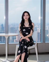 高颜女生·黑色碎花裙长发·都市窗边时尚唯美写真 女生写真参考套图