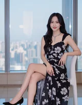 高颜女生·黑色碎花裙长发·都市窗边时尚唯美写真 女生写真参考套图