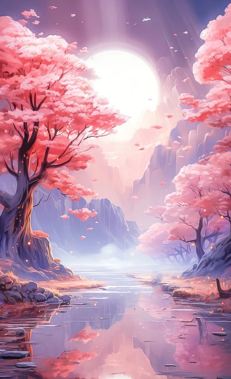 樱花溪谷·月色山水 唯美梦幻国漫风 治愈壁纸 – 高清 桌面壁纸 开放版权素材 免费下载 手机电脑通用背景图