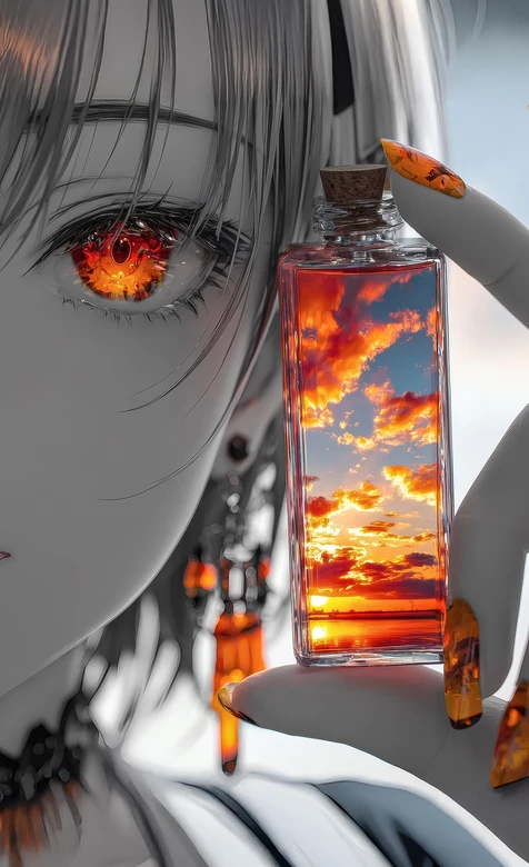 二次元人物·眼眸焰光瓶中落日 唯美写实插画手机壁纸热款 – 高清 桌面壁纸 开放版权素材 免费下载 手机电脑通用背景