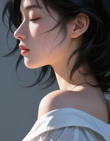 唯美写实风AI绘画女生·白色露肩裙发丝飘动 热门清新女生肖像