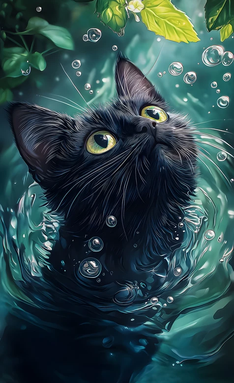 黑猫咪·绿瞳望叶水波间 唯美梦幻插画手机壁纸 – 高清 桌面壁纸 开放版权素材 免费下载 手机电脑通用背景图