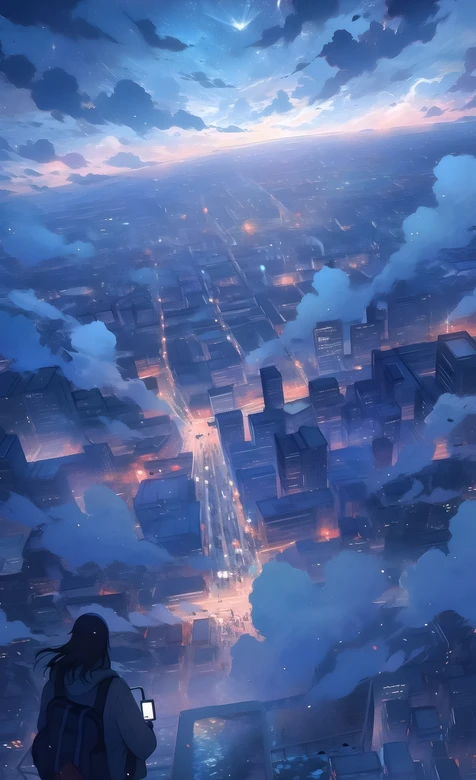 都市云海夜景·唯美二次元插画 旅人眺望（高人气手机壁纸） – 高清 桌面壁纸 开放版权素材 免费下载 手机电脑通用背