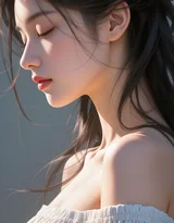 唯美写实风AI绘画女生·白色露肩裙发丝飘动 热门清新女生肖像