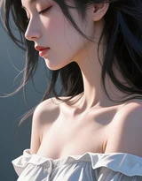 唯美写实风AI绘画女生·白色露肩裙发丝飘动 热门清新女生肖像