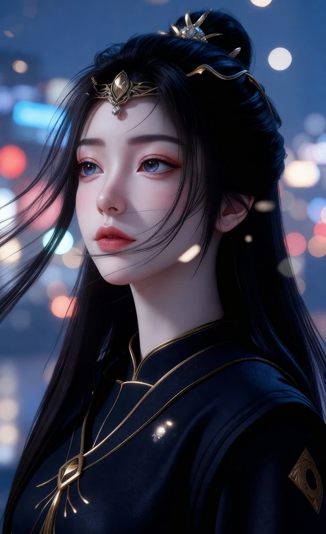 国风美女·元瑶·黑金华服金冠 都市光斑 国风赛博超火古风壁纸 – 高清 桌面壁纸 开放版权素材 免费下载 手机电脑通