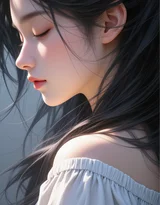 唯美写实风AI绘画女生·白色露肩裙发丝飘动 热门清新女生肖像