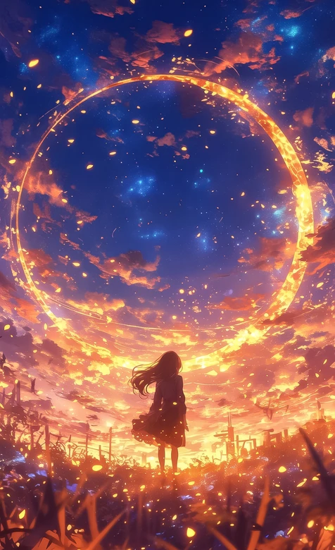 长发女孩·金色圆环星空 唯美动漫风手机壁纸热门款 – 高清 桌面壁纸 开放版权素材 免费下载 手机电脑通用背景图