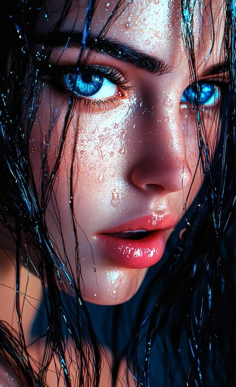 写实美女·湿发水珠蓝眸·唯美CG艺术高清手机壁纸 – 高清 桌面壁纸 开放版权素材 免费下载 手机电脑通用背景图