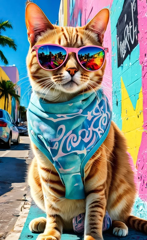 潮酷橘猫（粉墨镜蓝头巾）·彩色涂鸦街 街头潮流风手机壁纸 – 高清 桌面壁纸 开放版权素材 免费下载 手机电脑通用背-iPhone17-1