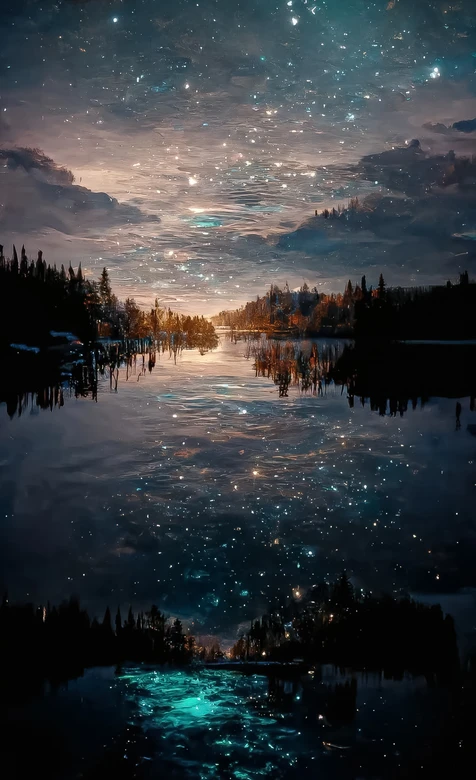 星空湖泊森林·梦幻油画风夜景 超唯美意境壁纸 – 高清 桌面壁纸 开放版权素材 免费下载 手机电脑通用背景图-iPhone17-1