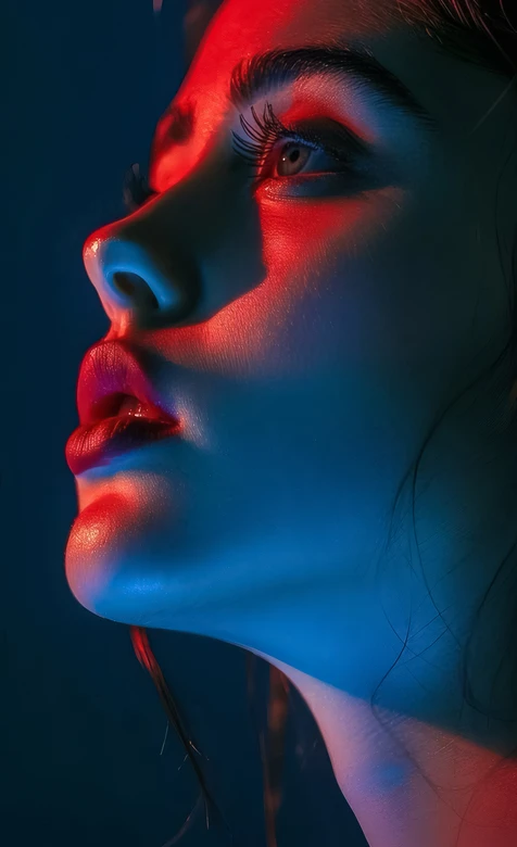 红蓝霓虹光影艺术女性特写 高质感个性手机壁纸 – 高清 桌面壁纸 开放版权素材 免费下载 手机电脑通用背景图-iPhone17-1