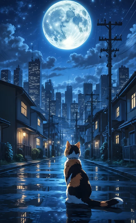 三花猫坐雨夜街道 唯美插画风城市天际线满月夜景 治愈系 – 高清 桌面壁纸 开放版权素材 免费下载 手机电脑通用背景-iPhone17-1