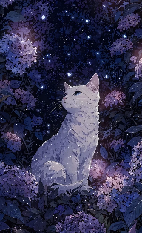 白猫仰望星空绣球花海 唯美梦幻插画手机壁纸 – 高清 桌面壁纸 开放版权素材 免费下载 手机电脑通用背景图