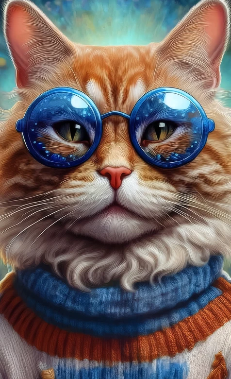 橘猫·戴蓝眼镜穿毛衣 梦幻写实风原创插画壁纸 – 高清 桌面壁纸 开放版权素材 免费下载 手机电脑通用背景图