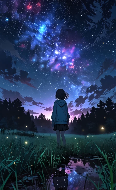 二次元唯美夏夜星空·女孩眺望萤火虫森林 热门手机壁纸 – 高清 桌面壁纸 开放版权素材 免费下载 手机电脑通用背景图