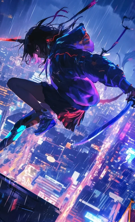 赛博朋克持剑少女·雨夜霓虹都市 赛博朋克手机壁纸 – 高清 桌面壁纸 开放版权素材 免费下载 手机电脑通用背景图