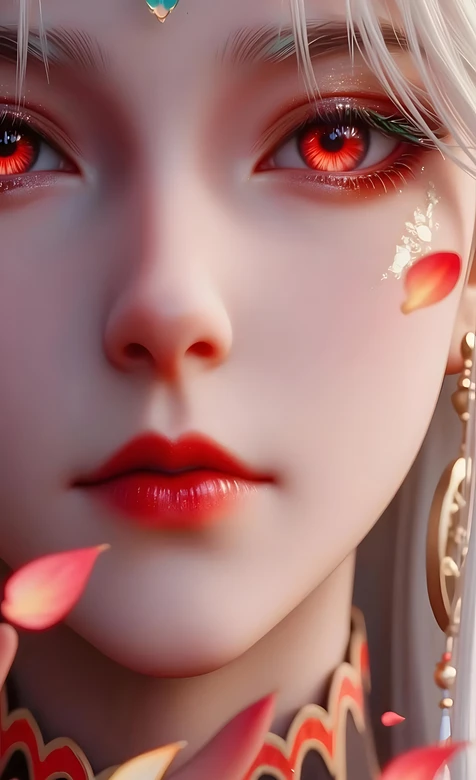国风唯美白发红瞳少女·柳七月·花瓣环绕华丽配饰手机壁纸 – 高清 桌面壁纸 开放版权素材 免费下载 手机电脑通用背景