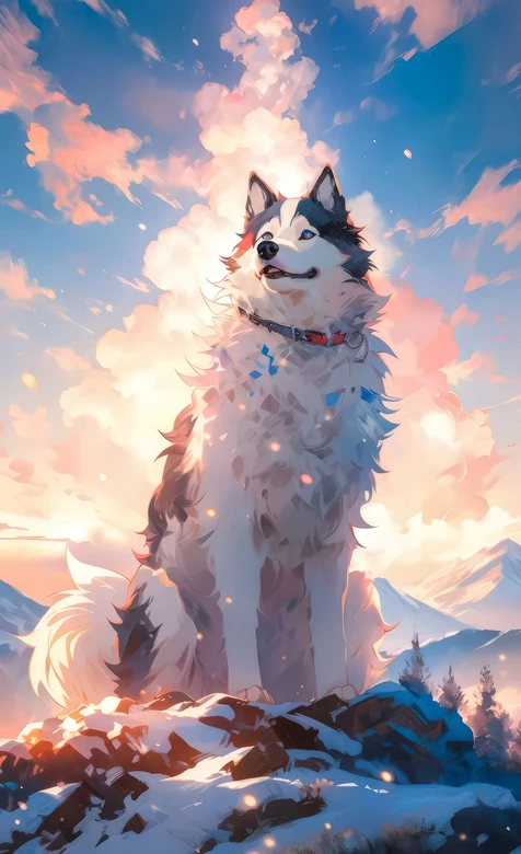 雪境蓝眼哈士奇·唯美动漫风 暖光云海雪山插画壁纸 – 高清 桌面壁纸 开放版权素材 免费下载 手机电脑通用背景图-iPhone17-1