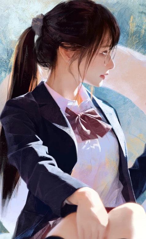 扎马尾戴眼镜校服少女 写实唯美手绘风 原创插画 校园风手机壁纸 – 高清 桌面壁纸 开放版权素材 免费下载 手机电脑