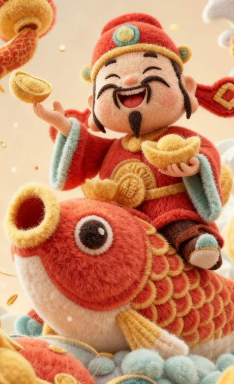 财神·毛绒国风形象 骑锦鲤持金元宝 国潮春节财运手机壁纸 – 高清 桌面壁纸 开放版权素材 免费下载 手机电脑通用背-iPhone17-1