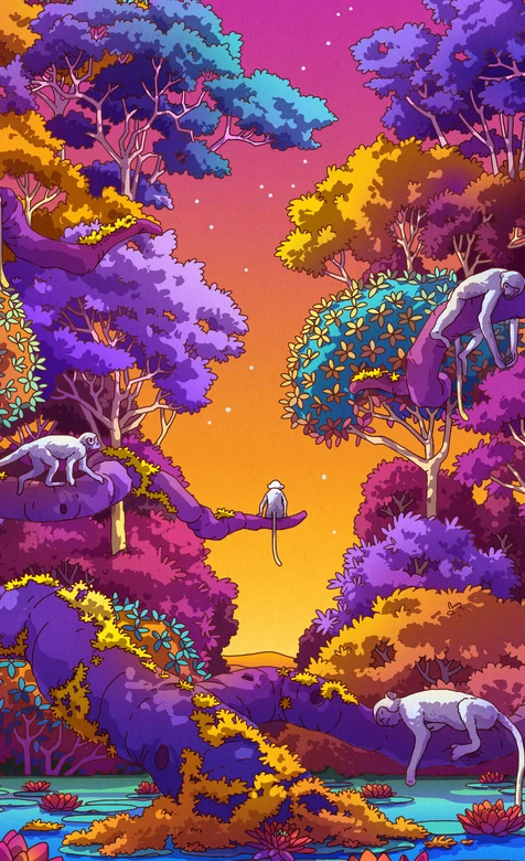 奇幻森林灵长类栖息·霓虹色彩风 原创插画超火手机屏保 – 高清 桌面壁纸 开放版权素材 免费下载 手机电脑通用背景图-iPhone17-1