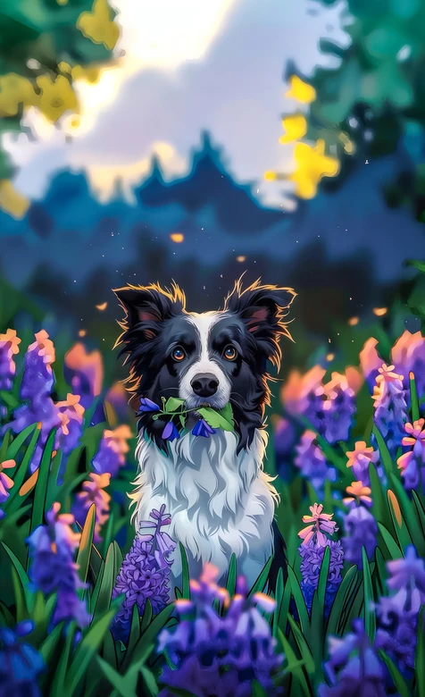 唯美插画风边境牧羊犬·紫色花海治愈系手机壁纸 – 高清 桌面壁纸 开放版权素材 免费下载 手机电脑通用背景图-iPhone17-1
