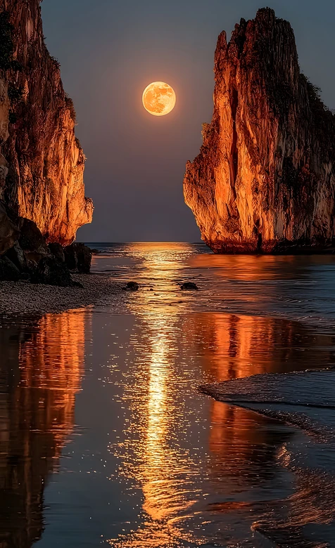 海边岩壁满月倒影·唯美写实 治愈月夜海景壁纸 – 高清 桌面壁纸 开放版权素材 免费下载 手机电脑通用背景图-iPhone17-1