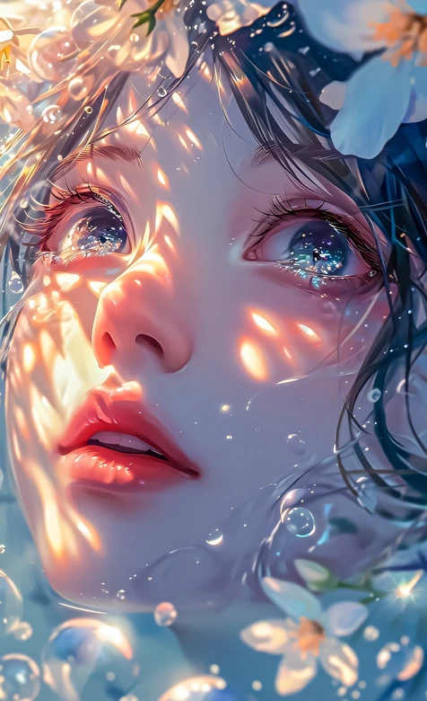 梦幻水下少女·花瓣气泡光影·唯美插画风治愈系手机壁纸 – 高清 桌面壁纸 开放版权素材 免费下载 手机电脑通用背景图