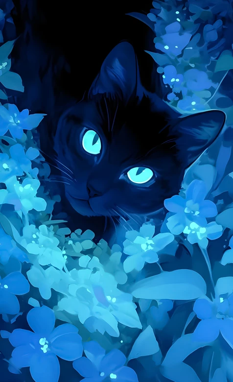 黑猫·荧光蓝眼匿蓝花 唯美暗黑系手机壁纸 – 高清 桌面壁纸 开放版权素材 免费下载 手机电脑通用背景图