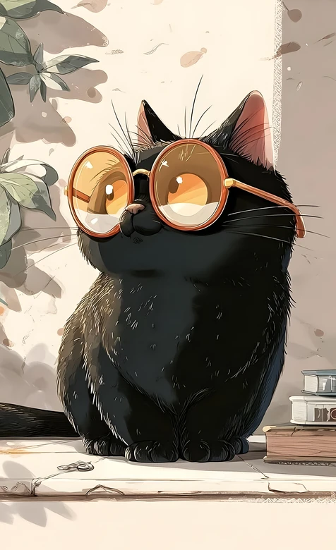 戴复古圆框眼镜的黑猫咪·手绘插画风·治愈系萌宠壁纸 – 高清 桌面壁纸 开放版权素材 免费下载 手机电脑通用背景图