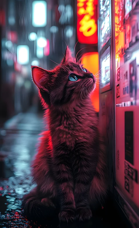 霓虹雨夜猫咪·赛博朋克风日式街道 赛博萌宠热门壁纸 – 高清 桌面壁纸 开放版权素材 免费下载 手机电脑通用背景图-iPhone17-1