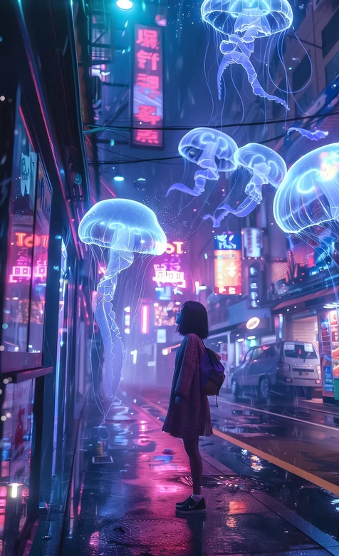 赛博朋克都市雨夜 霓虹水母与短发少女 科幻风手机壁纸 – 高清 桌面壁纸 开放版权素材 免费下载 手机电脑通用背景图