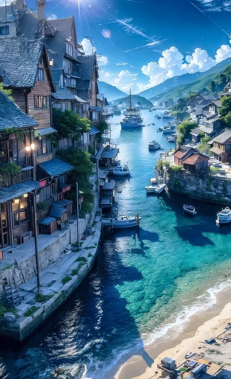 二次元河畔渔村小镇·唯美动漫风水乡场景 高热度手机壁纸 – 高清 桌面壁纸 开放版权素材 免费下载 手机电脑通用背景