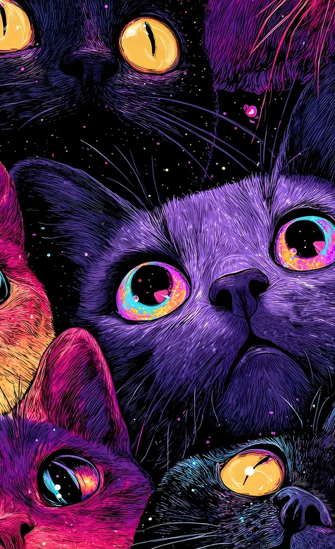迷幻霓虹猫咪群像 赛博朋克风潮酷手机背景 – 高清 桌面壁纸 开放版权素材 免费下载 手机电脑通用背景图-iPhone17-1