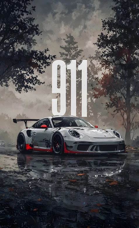保时捷911跑车·暗黑写实风 雨夜树林机械感壁纸 高质感跑车壁纸 – 高清 桌面壁纸 开放版权素材 免费下载 手机电-iPhone17-1